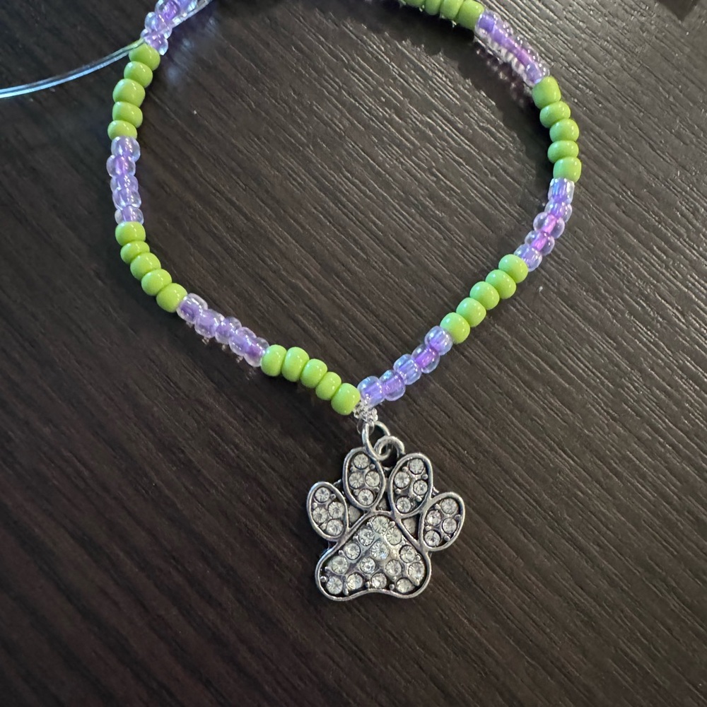 Paw Charm Beaded Bracelet - Purple and Green